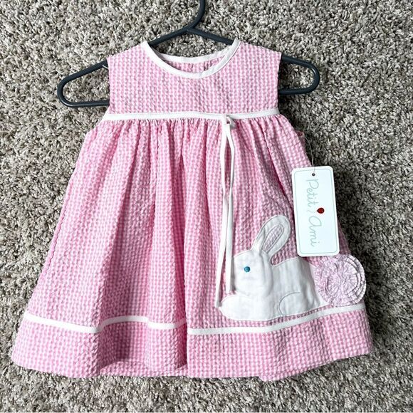 Petit Ami Dress Baby 6M Pink/White Gingham Plaid Seersucker Sleeveless Bunny NWT - Picture 1 of 6